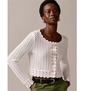 J. Crew Collection Womens Crochet White Boho Button Up Cropped Cardigan Large